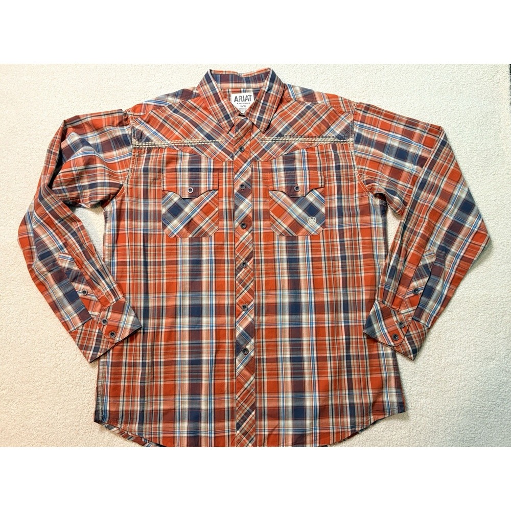 Ariat Shirt Mens L Orange Plaid Button Western Retro Fit Long Sleeve Cowboy